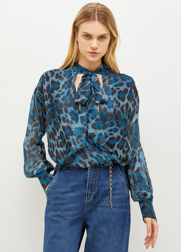 Liu Jo Animal-Print Chiffon Blouse Hemd Damen Blau | GOL-905178