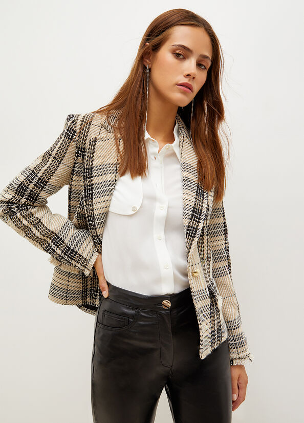 Liu Jo Blazer In Woven Check Bouclé Jacke Damen Beige | KMF-130542