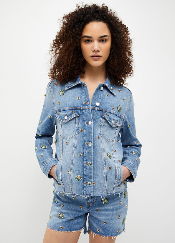 Liu Jo Denim With Rhinestones Jacke Damen Dunkelblau | DGP-627138