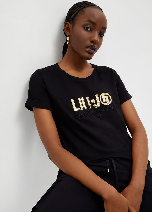 Liu Jo Eco-Friendly With Logo T-shirts Damen Schwarz | QKI-764180