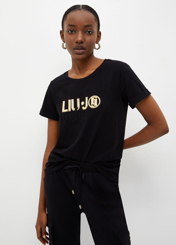 Liu Jo Eco-Friendly With Logo T-shirts Damen Schwarz | QKI-764180