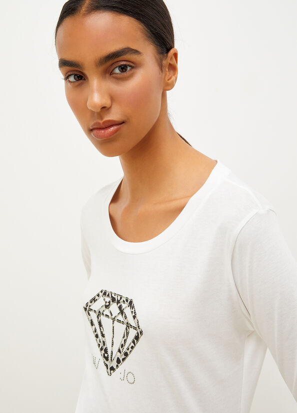 Liu Jo Eco-Friendly With Print And Gemstones T-shirts Damen Weiß | GDT-428907