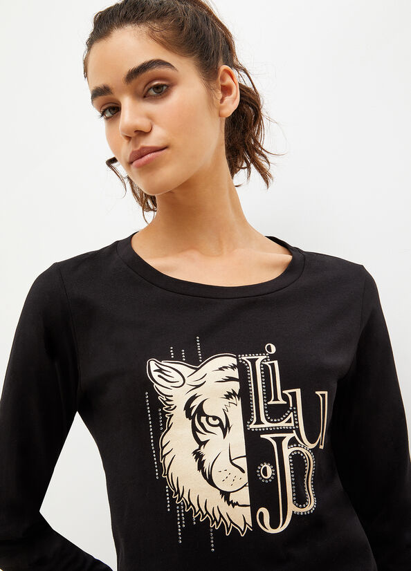 Liu Jo Eco-Friendly With Print And Gemstones T-shirts Damen Schwarz | ONH-710836