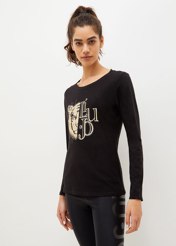 Liu Jo Eco-Friendly With Print And Gemstones T-shirts Damen Schwarz | ONH-710836