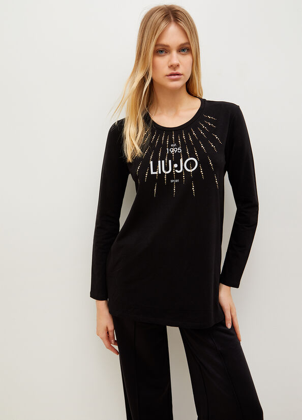 Liu Jo Eco-Friendly With Studs And Logo T-shirts Damen Schwarz | ETQ-312968