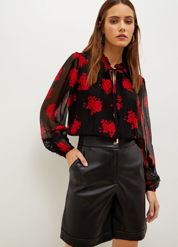 Liu Jo Floral Chiffon Blouse Hemd Damen Schwarz Rot | RJN-059468