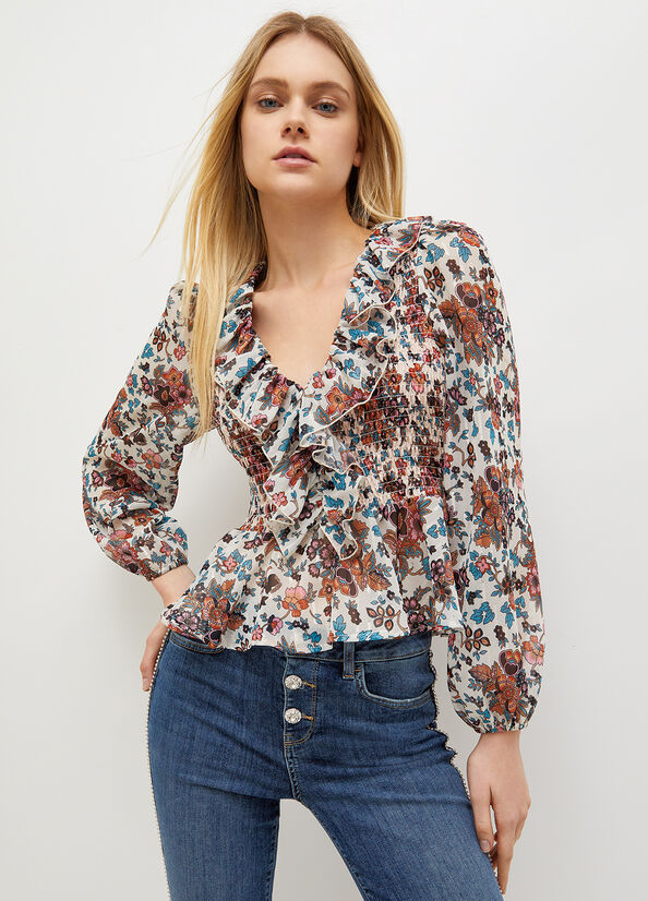 Liu Jo Floral Georgette Blouse Hemd Damen Weiß | SEL-273564