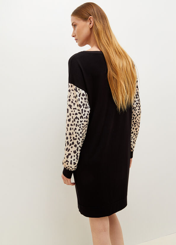 Liu Jo Jersey With Animal Print And Logo Kleider Damen Schwarz | HDJ-627481