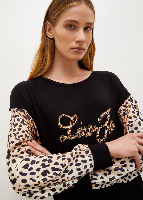 Liu Jo Jersey With Animal Print And Logo Kleider Damen Schwarz | HDJ-627481