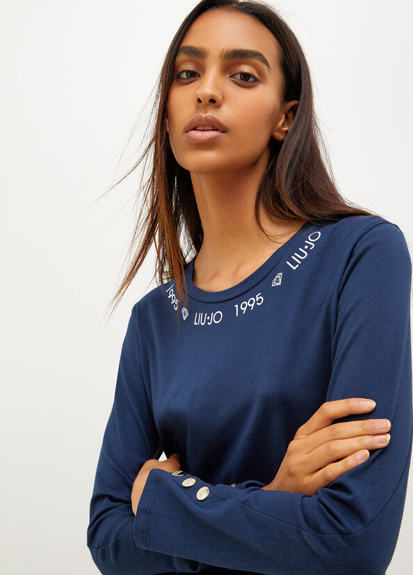 Liu Jo Jersey With Logo And Buttons T-shirts Damen Blau | UCE-509781