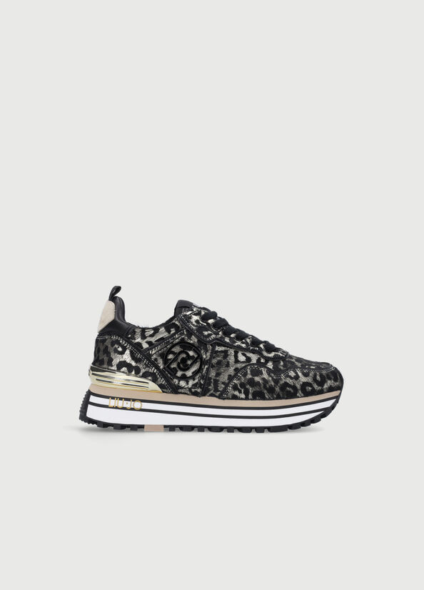 Liu Jo Laminated Animal-Print Plattform Sneakers Damen Schwarz Gold | HOT-684037