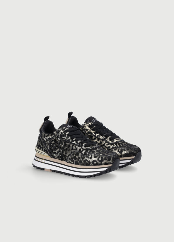 Liu Jo Laminated Animal-Print Plattform Sneakers Damen Schwarz Gold | HOT-684037