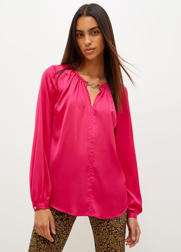 Liu Jo Satin Blouse With Jewel Logo Hemd Damen Fuchsie | QHO-908361