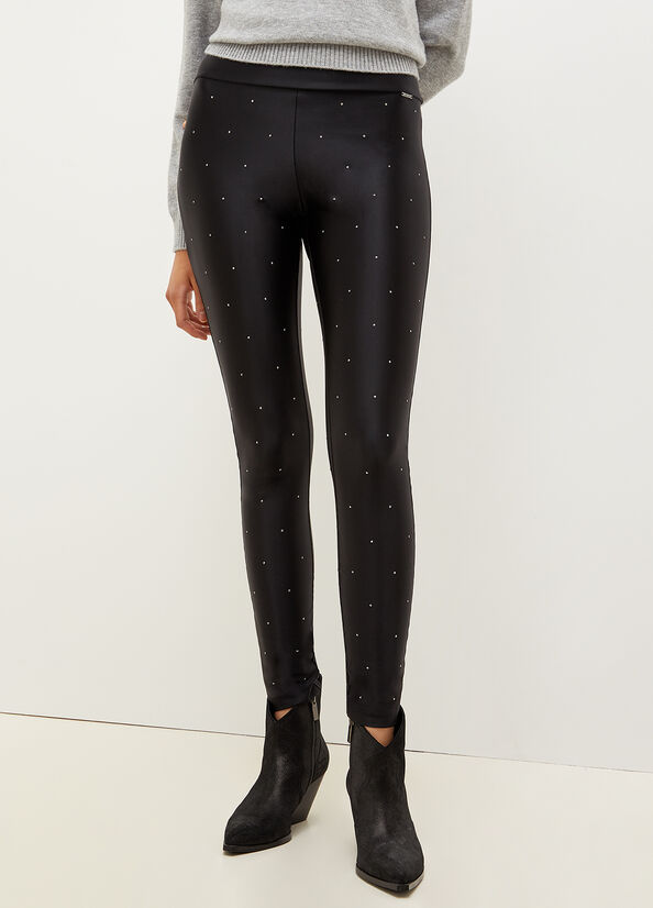 Liu Jo Stretch Jersey Leggings With Rhinestones Hose Damen Schwarz | MUX-023671