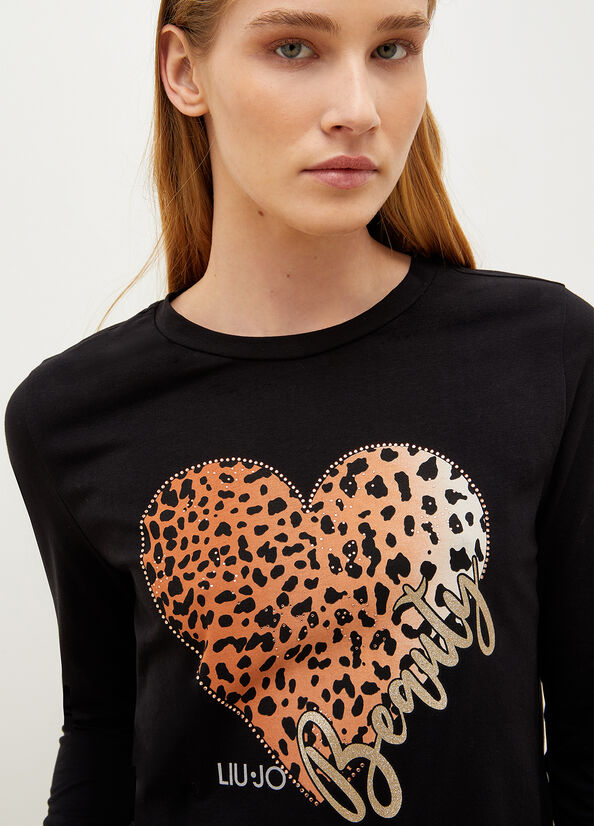 Liu Jo With Animal-Print Heart T-shirts Damen Schwarz | GXB-476932