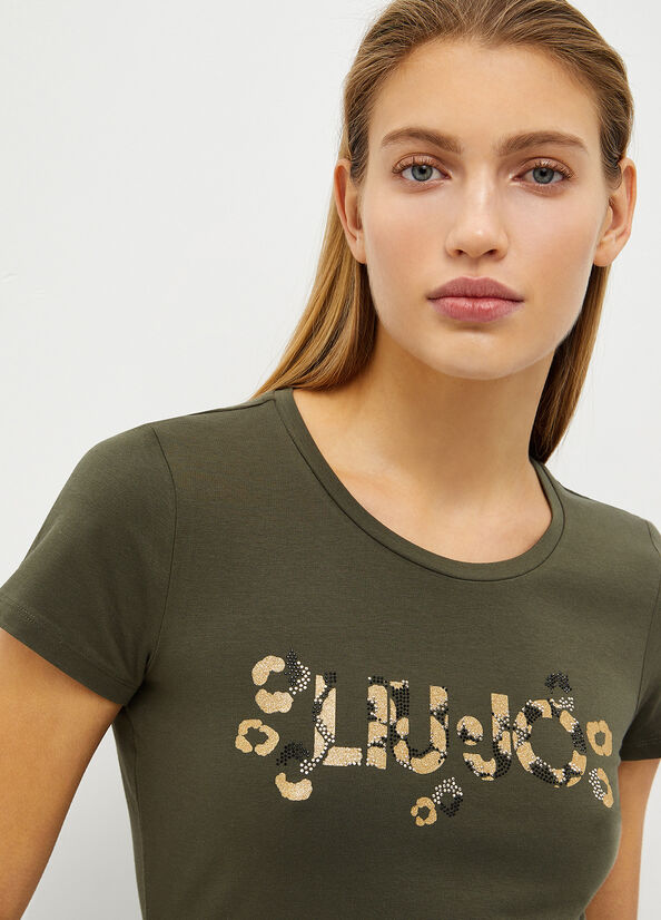 Liu Jo With Logo And Gemstones T-shirts Damen Olivgrün | RJA-809145