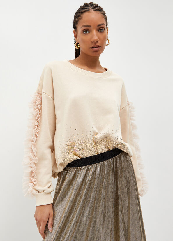 Liu Jo With Rhinestones And Tulle Sweatshirts Damen Beige | IOK-841952