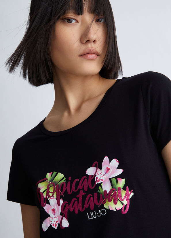 Liu Jo With Tropical Print T-shirts Damen Schwarz | DFZ-435290