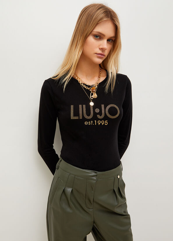 Liu Jo Baumwoll With Logo T-shirts Damen Schwarz | QYG-213459