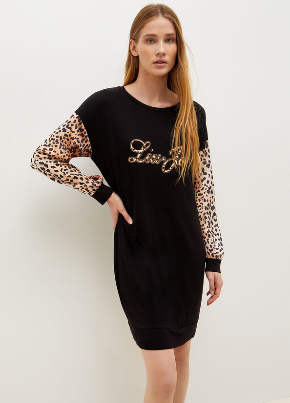 Liu Jo Jersey With Animal Print And Logo Kleider Damen Schwarz | HDJ-627481