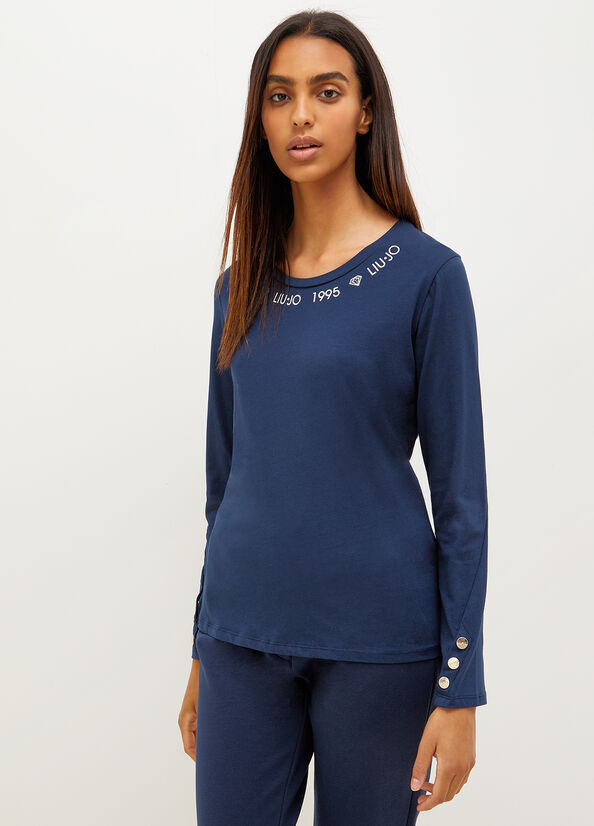 Liu Jo Jersey With Logo And Buttons T-shirts Damen Blau | UCE-509781