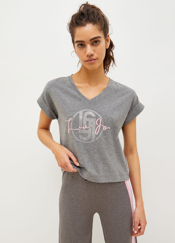 Liu Jo Jersey With Logo T-shirts Damen Grau | DRA-183026