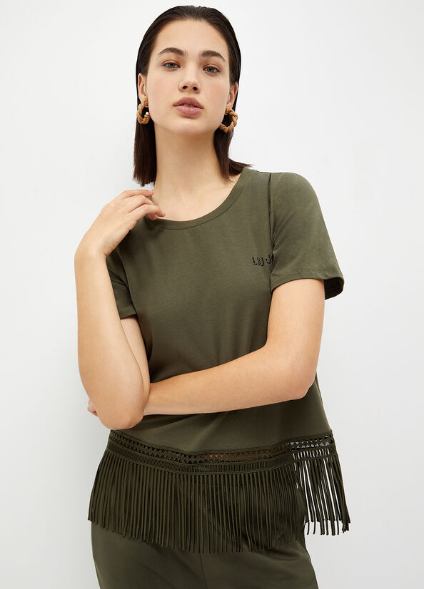 Liu Jo With Fringes T-shirts Damen Olivgrün | WEK-419280