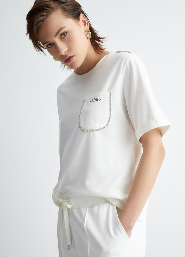 Liu Jo With Pocket And Rhinestones T-shirts Damen Weiß | PNV-748529